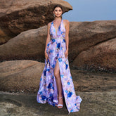 Vestido de noche elegante de alta gama con escote en V y aberturas, largo y amplio para cóctel y dama de honor.